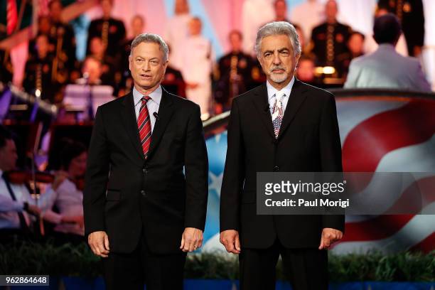 Hosts Gary Sinise and Joe Mantegna onstage during the 2018 National Memorial Day Concert - Rehearsals at U.S. Capitol, West Lawn on May 26, 2018 in...