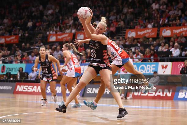Caitlin Thwaites of the Magpies catches the ball during the round five Super Netball match between the Swifts and the Magpies at Quay Centre on May...