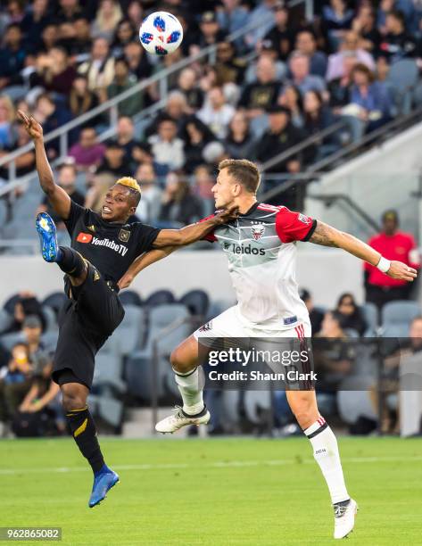 Latif Blessing of Los Angeles FC and Frederic Brillant of D.C. United during Los Angeles FC's MLS match against DC United at the Banc of California...