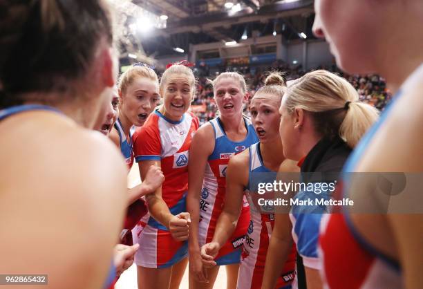 Swifts Head Coach Briony Akle talks to players during the round five Super Netball match between the Swifts and the Magpies at Quay Centre on May 27,...