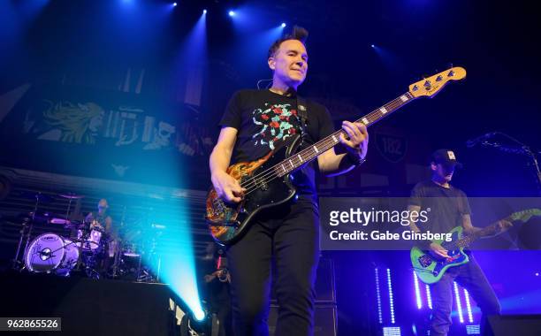 Drummer Travis Barker, singer/bassist Mark Hoppus and guitarst Matt Skiba of Blink-182 perform as the band kicks off its 16-show "Kings of the...