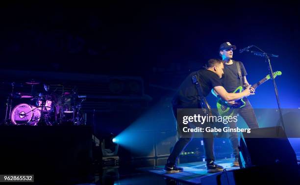 Drummer Travis Barker, singer/bassist Mark Hoppus and guitarst Matt Skiba of Blink-182 perform as the band kicks off its 16-show "Kings of the...