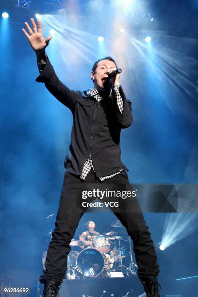 Chester Bennington of the U.S. Rock band Dead By Sunrise performs during the concert at Taipei Huashan Culture Park on January 30, 2010 in Taipei,...