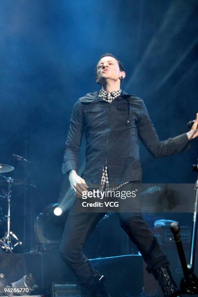 Chester Bennington of the U.S. Rock band Dead By Sunrise performs during the concert at Taipei Huashan Culture Park on January 30, 2010 in Taipei,...