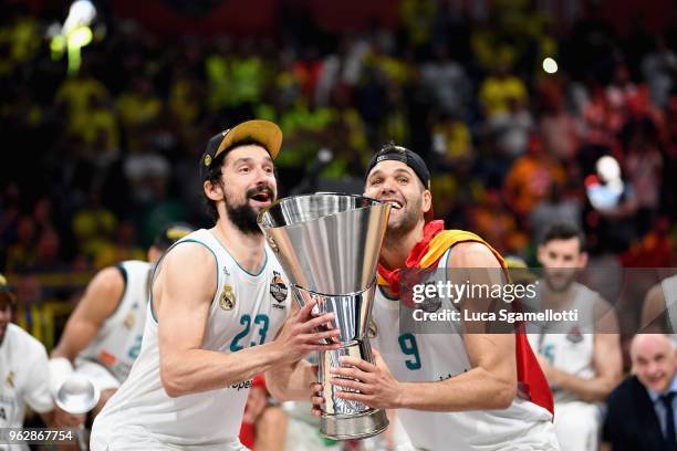 Felipe Reyes, #9 and Sergio Llull, #23 of Real Madrid just before raise the Trophy at the end of 2018 Turkish Airlines EuroLeague F4 Championship...