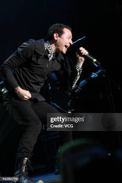 Chester Bennington of the U.S. Rock band Dead By Sunrise performs during the concert at Taipei Huashan Culture Park on January 30, 2010 in Taipei,...