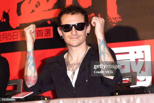 Chester Bennington of the U.S. Rock band Dead By Sunrise speaks during a media event before the concert on January 30, 2010 in Taipei, Taiwan of...