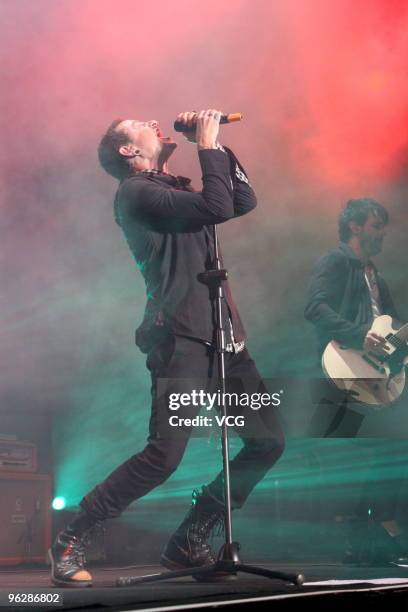 Chester Bennington of the U.S. Rock band Dead By Sunrise performs during the concert at Taipei Huashan Culture Park on January 30, 2010 in Taipei,...