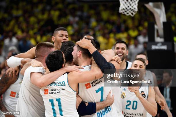 Real Madrid celebrates at the end of 2018 Turkish Airlines EuroLeague F4 Championship Game between Real Madrid v Fenerbahce Dogus Istanbul at Stark...