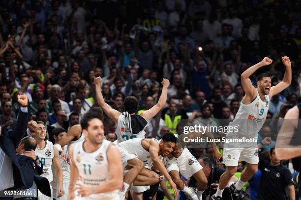 Felipe Reyes, #9 of Real Madrid celebrate at the end of 2018 Turkish Airlines EuroLeague F4 Championship Game between Real Madrid v Fenerbahce Dogus...