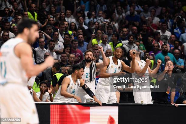 Real Madri bench celebrate during the 2018 Turkish Airlines EuroLeague F4 Championship Game between Real Madrid v Fenerbahce Dogus Istanbul at Stark...