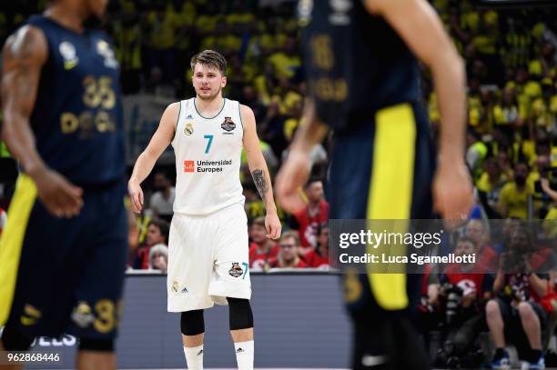 Luka Doncic, #7 of Real Madrid during the 2018 Turkish Airlines EuroLeague F4 Championship Game between Real Madrid v Fenerbahce Dogus Istanbul at...