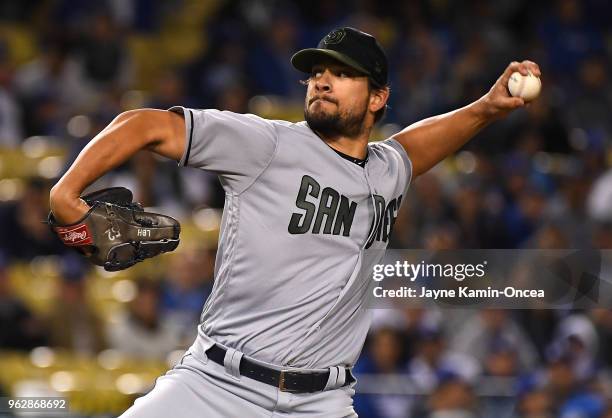 Hand of Brad Hand of the San Diego Padres earns a save in the ninth inning of the game against the Los Angeles Dodgers at Dodger Stadium on May 26,...