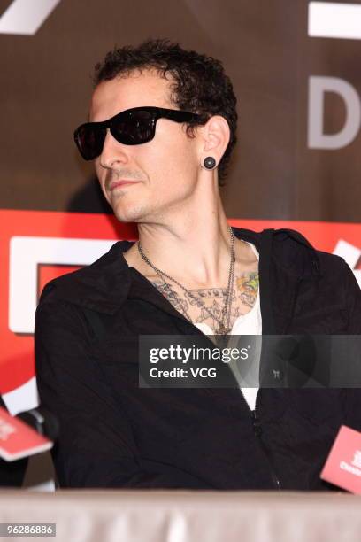 Chester Bennington of the U.S. Rock band Dead By Sunrise speaks during a media event before the concert on January 30, 2010 in Taipei, Taiwan of...