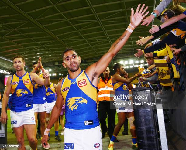 Lewis Jetta of the Eagles celebrates the win with fans during the round 10 AFL match between the Hawthorn Hawks and the West Coast Eagles at Etihad...