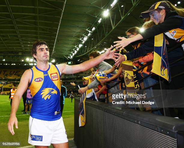 Andrew Gaff of the Eagles celebrates the win with fans during the round 10 AFL match between the Hawthorn Hawks and the West Coast Eagles at Etihad...