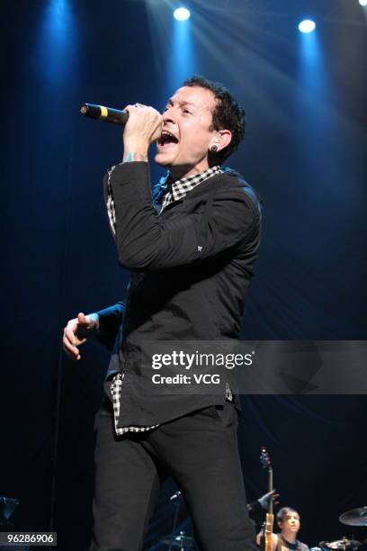 Chester Bennington of the U.S. Rock band Dead By Sunrise performs during the concert at Taipei Huashan Culture Park on January 30, 2010 in Taipei,...