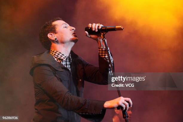 Chester Bennington of the U.S. Rock band Dead By Sunrise performs during the concert at Taipei Huashan Culture Park on January 30, 2010 in Taipei,...