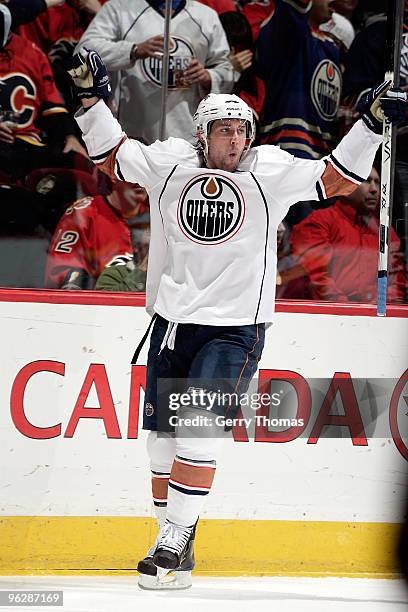Sam Gagner of the Edmonton Oilers celebrates a goal against the Calgary Flames on January 30, 2010 at Pengrowth Saddledome in Calgary, Alberta,...