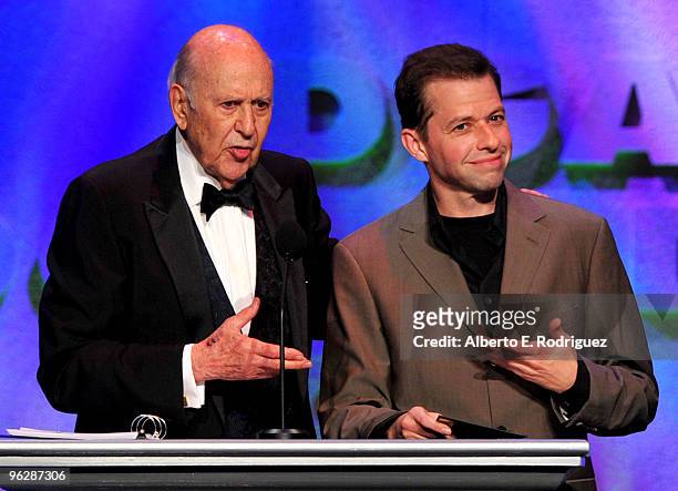 Host Carl Reiner and actor Jon Cryer speak onstage during the 62nd Annual Directors Guild Of America Awards at the Hyatt Regency Century Plaza on...