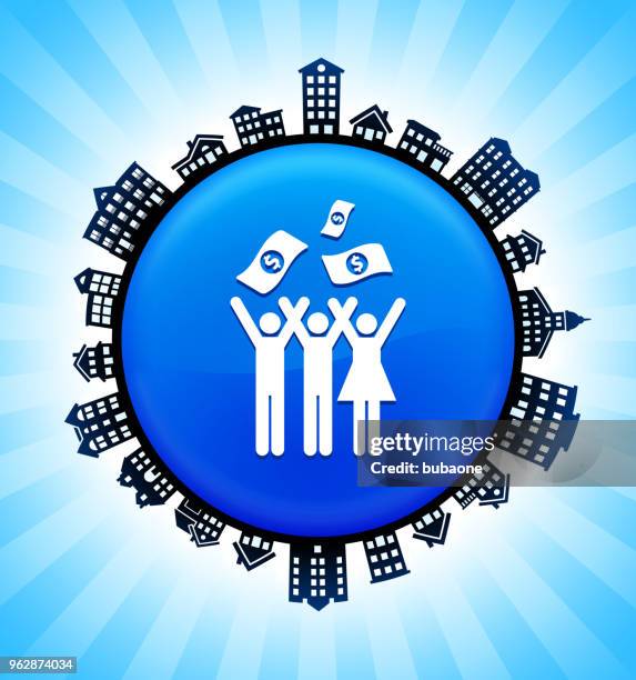 kleine gruppe feier & geld auf ländlichen stadtbild skyline hintergrund - small stock illustrations stock-grafiken, -clipart, -cartoons und -symbole