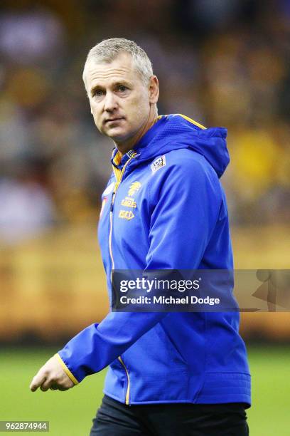 Eagles head coach Adam Simpson walks off during the round 10 AFL match between the Hawthorn Hawks and the West Coast Eagles at Etihad Stadium on May...