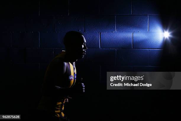 Jarman Impey of the Hawks runs out during the round 10 AFL match between the Hawthorn Hawks and the West Coast Eagles at Etihad Stadium on May 27,...