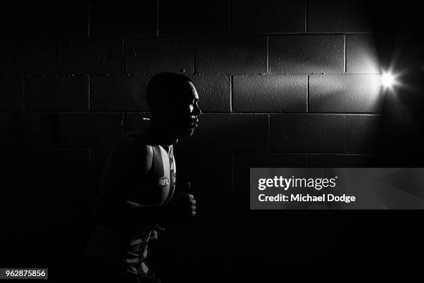 Jarman Impey of the Hawks runs out during the round 10 AFL match between the Hawthorn Hawks and the West Coast Eagles at Etihad Stadium on May 27,...