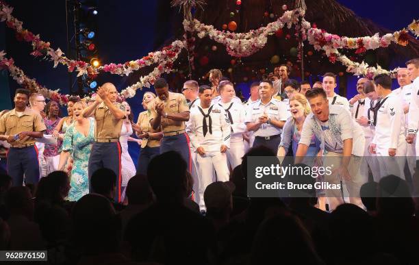 Members of the United States Military join the cast of the Jimmy Buffett Broadway Musical "Escape to Margaritaville" onstage to celebrate Memorial...