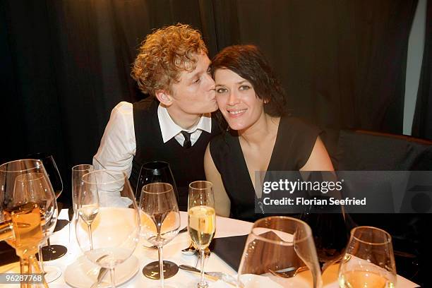 Matthias Schweighoefer and partner Anni Schromm attend the Goldene Kamera 2010 Award at the Axel Springer Verlag on January 30, 2010 in Berlin,...