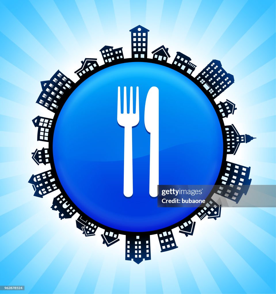 Fork & Knife on Rural Cityscape Skyline Background