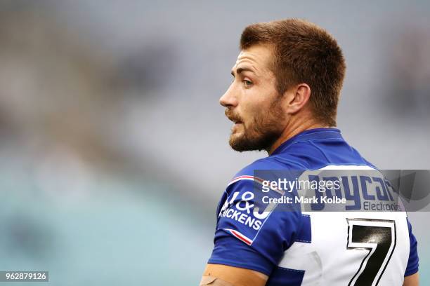 Kieran Foran of the Bulldogs watches on during the round 12 NRL match between the Wests Tigers and the Canterbury Bulldogs at ANZ Stadium on May 27,...