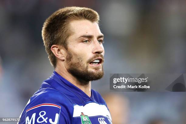 Kieran Foran of the Bulldogs watches on during the round 12 NRL match between the Wests Tigers and the Canterbury Bulldogs at ANZ Stadium on May 27,...