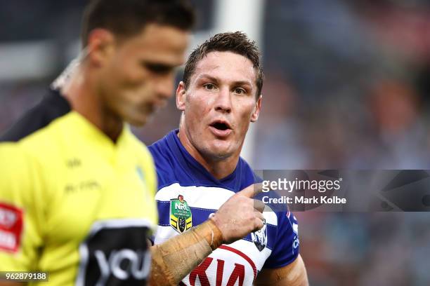 Josh Jackson of the Bulldogs speaks to the referee during the round 12 NRL match between the Wests Tigers and the Canterbury Bulldogs at ANZ Stadium...