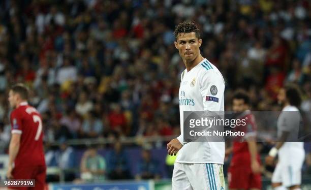 Real Madrid's Cristiano Ronaldo looks at the players during the final match of the Champions League between Real Madrid and Liverpool at the Olympic...