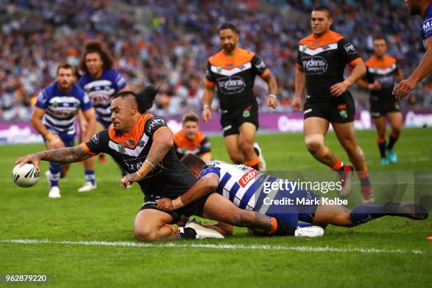 Mahe Fonua of the Tigers scores a try only to have it disallowed during the round 12 NRL match between the Wests Tigers and the Canterbury Bulldogs...