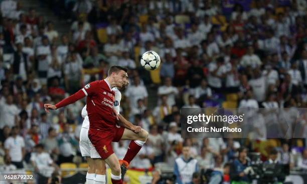 Liverpool's Dejan Lovren in the fight for the ball during the final match of the Champions League between Real Madrid and Liverpool at the Olympic...