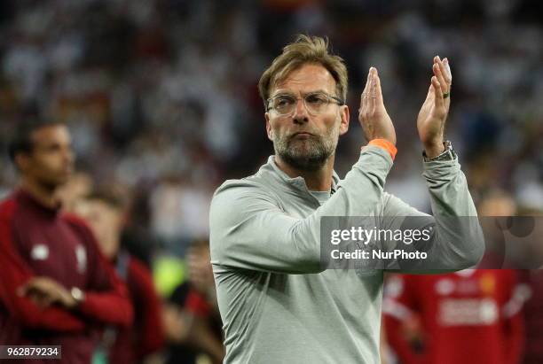 Liverpool coach Juergen Klopp coach thanks the fans after the final match of the Champions League between Real Madrid and Liverpool at the Olympic...