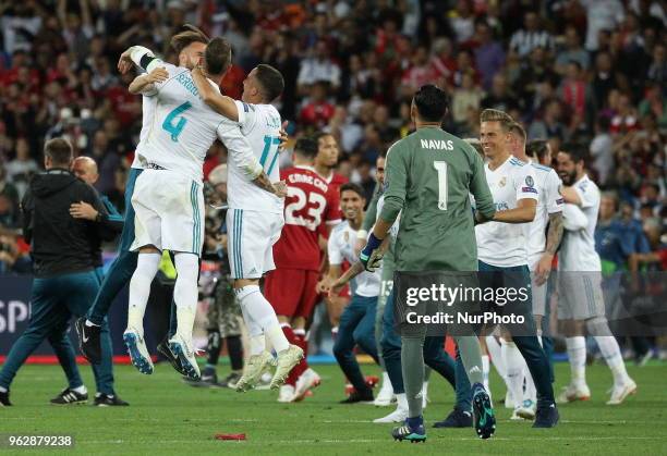 Real Madrid's players celebrates after the final match of the Champions League between Real Madrid and Liverpool at the Olympic Stadium in Kiev....