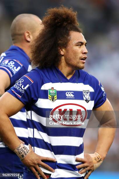 Raymond Faitala-Mariner of the Bulldogs watches on during the round 12 NRL match between the Wests Tigers and the Canterbury Bulldogs at ANZ Stadium...