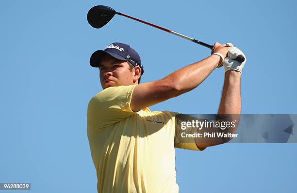 Robert Gates of the USA tees off from the 15hole during day four of the New Zealand Open at The Hills Golf Club on January 31, 2010 in Queenstown,...