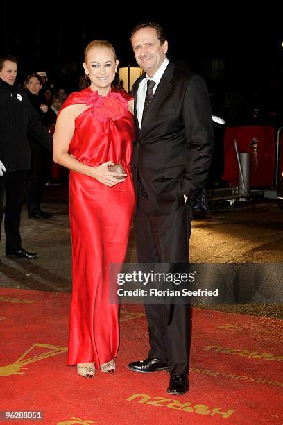 Jenny Elvers Elbertzhagen and husband Goetz Elbertzhagen attend the Goldene Kamera 2010 Award at the Axel Springer Verlag on January 30, 2010 in...