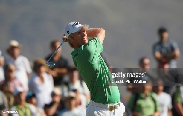 Andrew Dodt of Australia plays a shot on the 18th green during day four of the New Zealand Open at The Hills Golf Club on January 31, 2010 in...