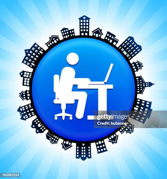 man working on computer on rural cityscape skyline background - computer desk view stock illustrations