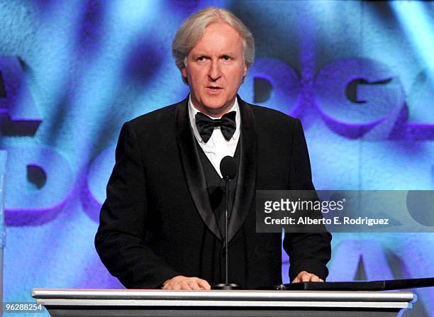 Director James Cameron accepts the Feature Film Nomination Plaque for "Avatar" onstage during the 62nd Annual Directors Guild Of America Awards at...