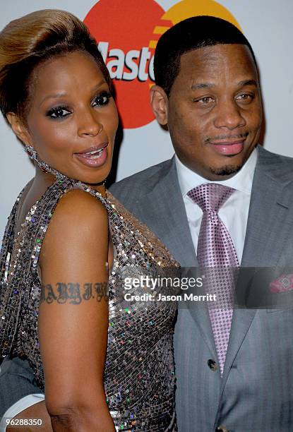 Singer Mary J. Blige and Kendu Isaacs arrive at the 52nd Annual GRAMMY Awards - Salute To Icons Honoring Doug Morris held at The Beverly Hilton Hotel...