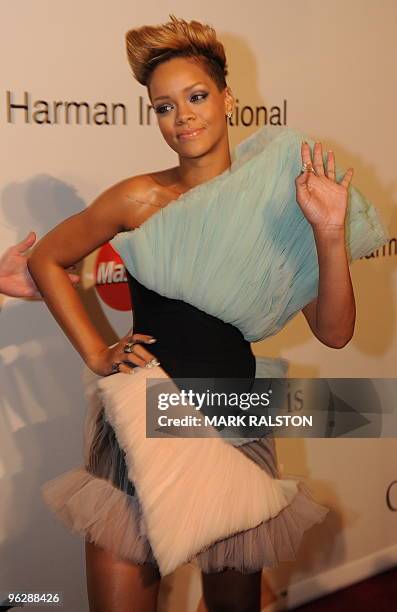 Singer Rihanna arrives on the red carpet during the Pre-Grammy Gala at the Beverly Hilton Hotel in Beverly Hills on January 30, 2010. The...