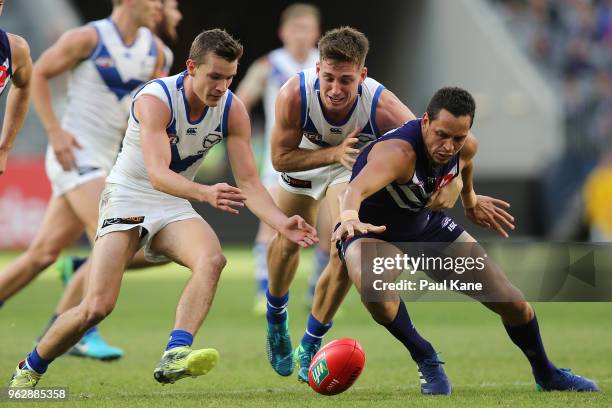 Michael Johnson of the Dockers contests for the ball against Kayne Turner and Shaun Atley of the Kangaroos during the round 10 AFL match between the...