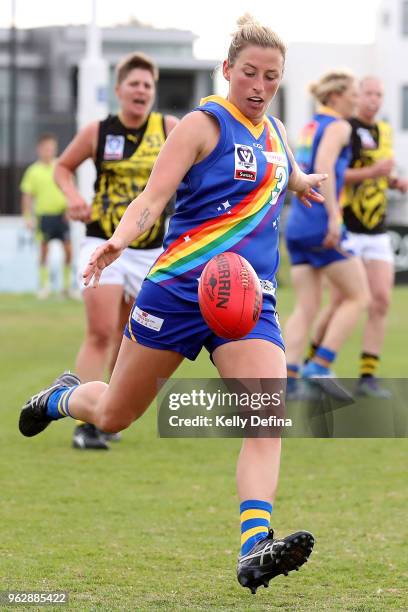 Shae-Lee Murphy-Burke of the Seagulls kicks the ball during the round four VFLW match between Williamstown and Richmond at Williamstown Football...