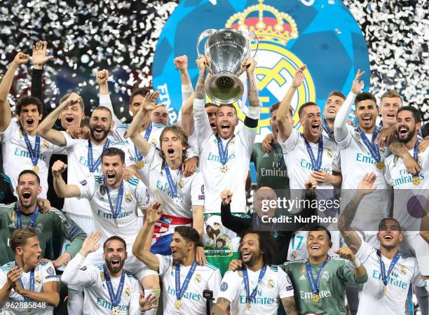 Sergio Ramos of Real Madrid lifts the trophy during the UEFA Champions League final between Real Madrid and Liverpool on May 26, 2018 in Kiev,...